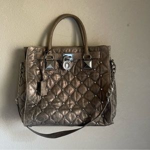Michael Kors quilted studded metallic leather Hamilton satchel purse